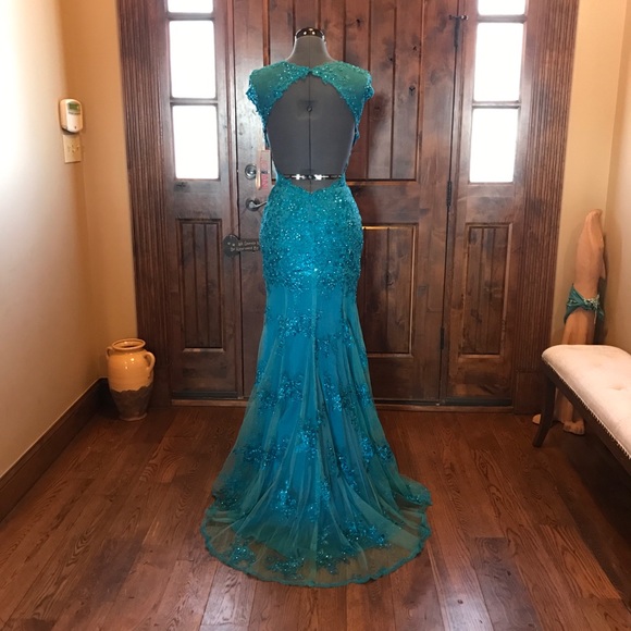 🔥JOVANI Teal Blue Jewelled Lace Prom Gown! NEW! - Picture 5 of 8